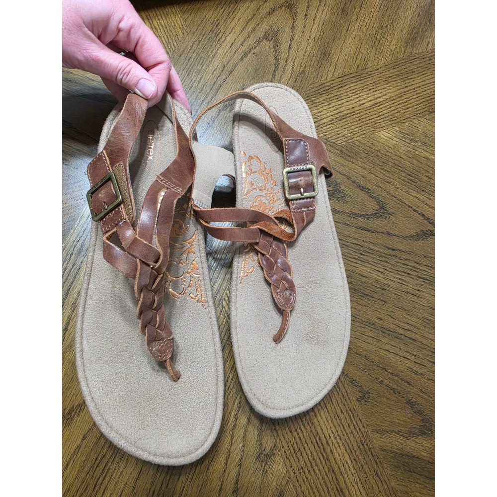 Aetrex Harper SC312W Brown Braided Leather Thong Wedge Sandals Womens 11